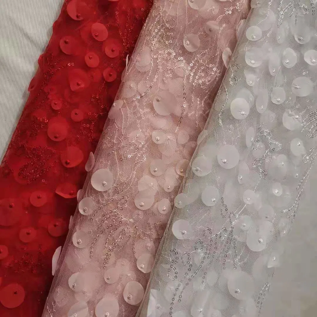 Women Dress Embroidery Sequin Lace Tulle Fabric with 3D Flower Laser Cut