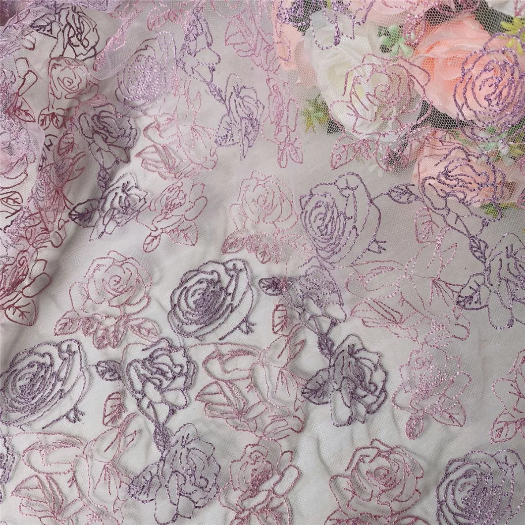 Flat Embroidery Multi-Color Thread Flower Rose Mesh Yarn Embroidery Nylon Reinforced Mesh Dress Embroidered Fabric